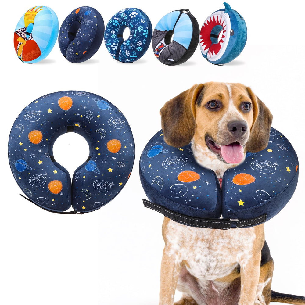 SCENEREAL donut collar planet print front view supports gentle post-surgery recovery.