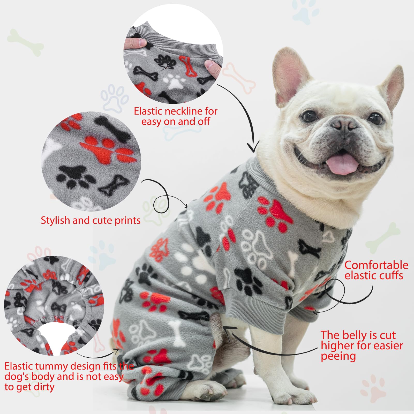 SCENEREAL fleece dog pajamas on a dog demonstrates comfortable fit and mobility.