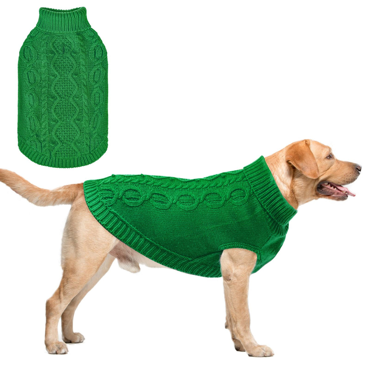 SCENEREAL knitted dog sweater green back view shows warm, stylish outerwear for chilly walks.