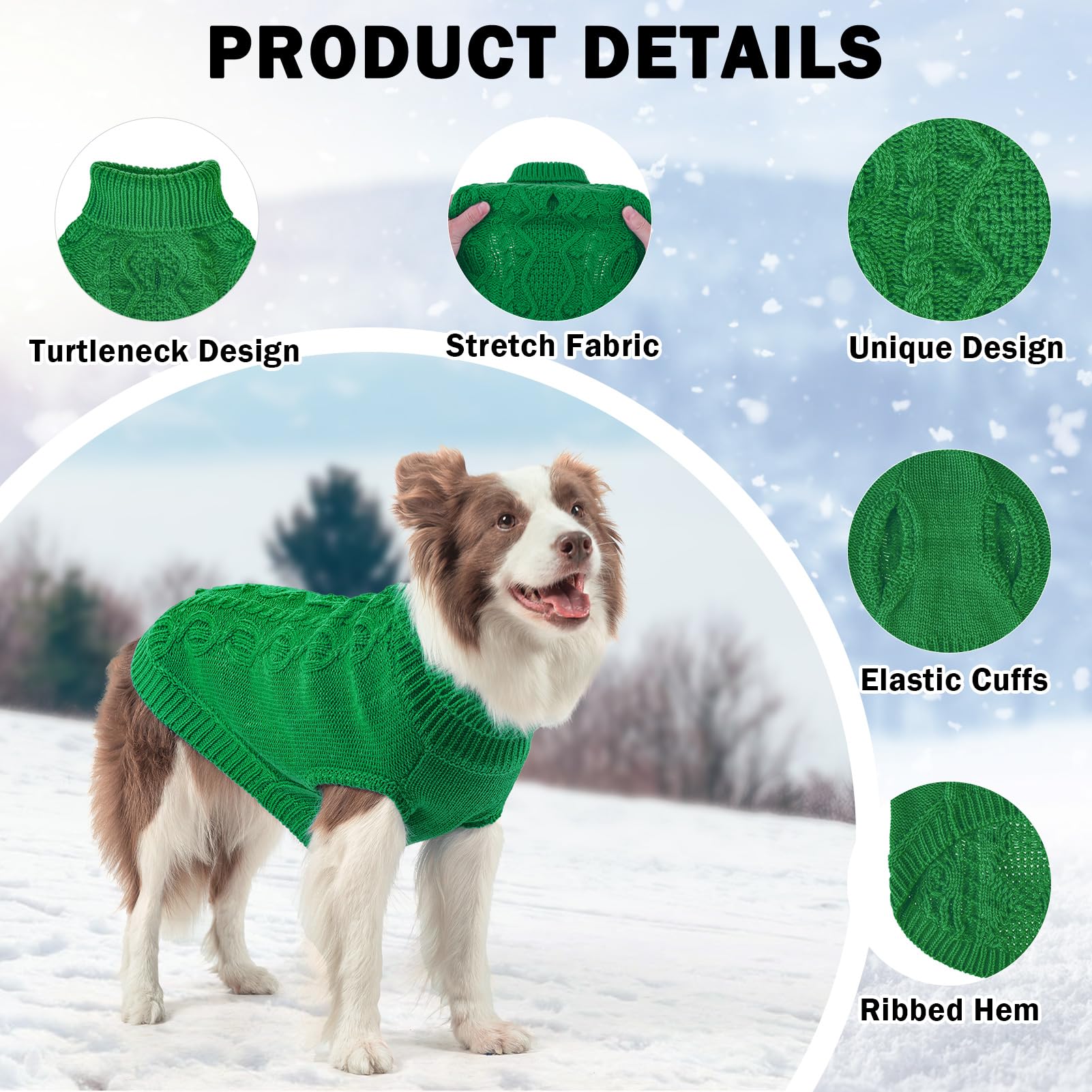 SCENEREAL knitted dog sweater green fabric closeup underscores soft acrylic yarn and elasticity.