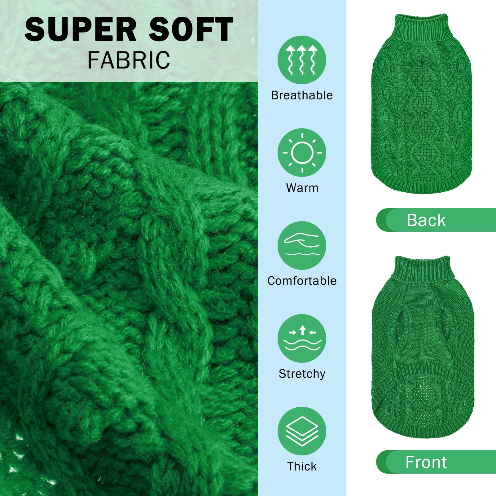 SCENEREAL knitted dog sweater green front view highlights classic knit texture and easy on/off.