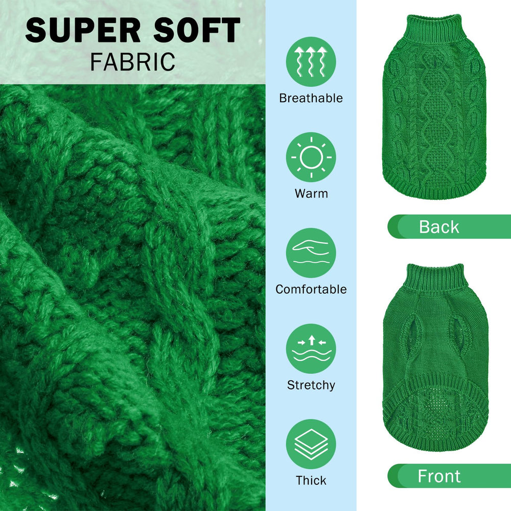 SCENEREAL knitted dog sweater green front view highlights classic knit texture and easy on/off.