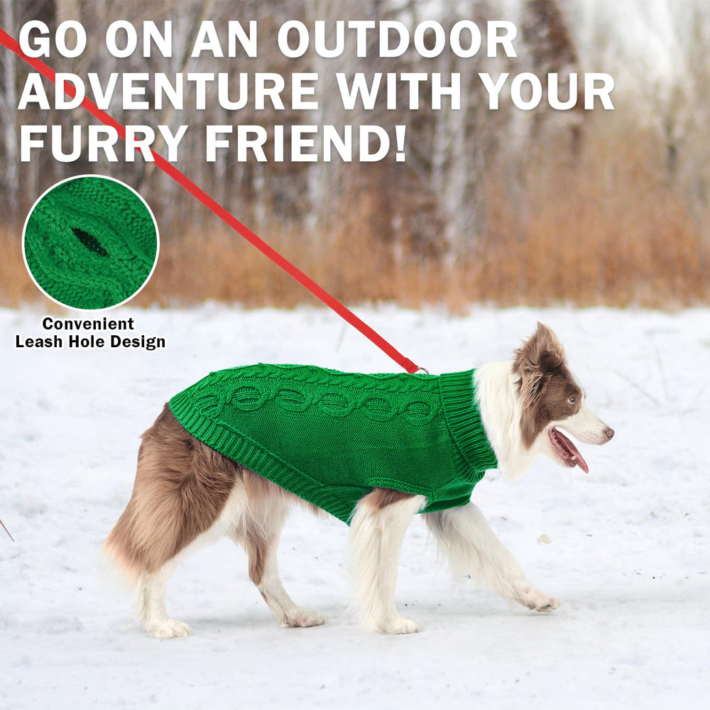 SCENEREAL knitted dog sweater green leash hole detail demonstrates practical convenience for walks.