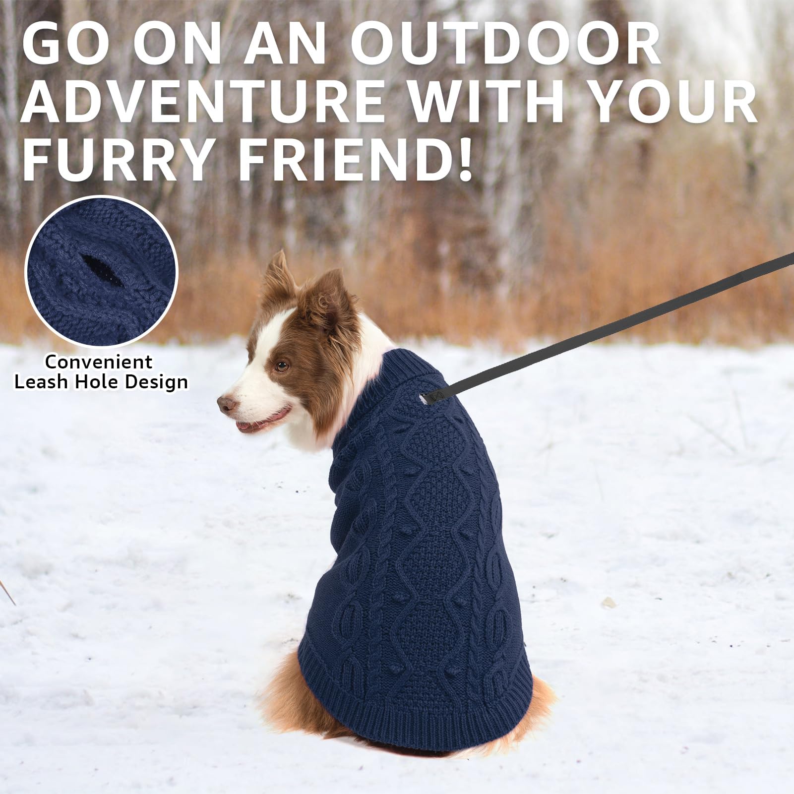 SCENEREAL knitted dog sweater leash hole detail enables easy leash attachment