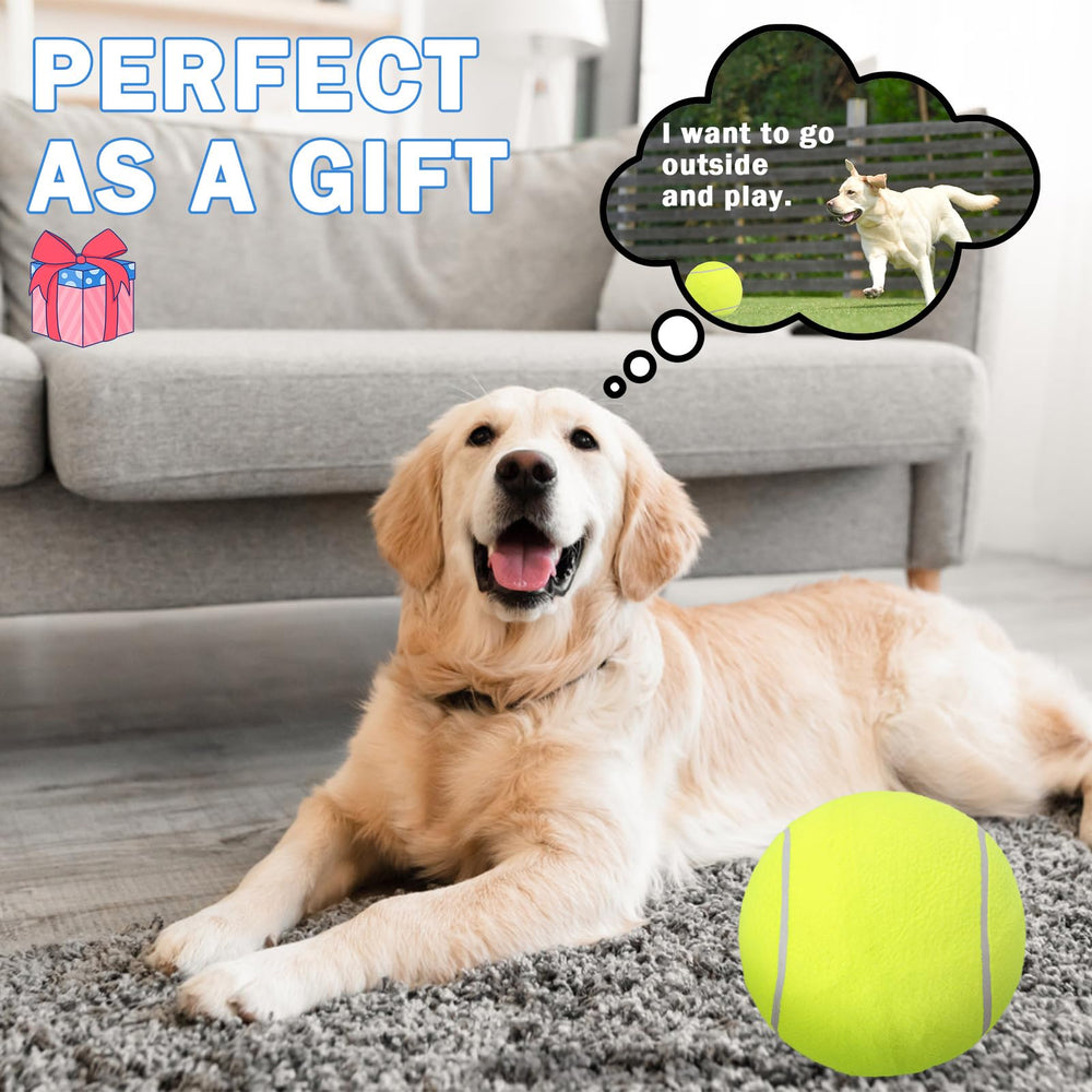 SCENEREAL yellow tennis ball dog holiday gift idea in use.