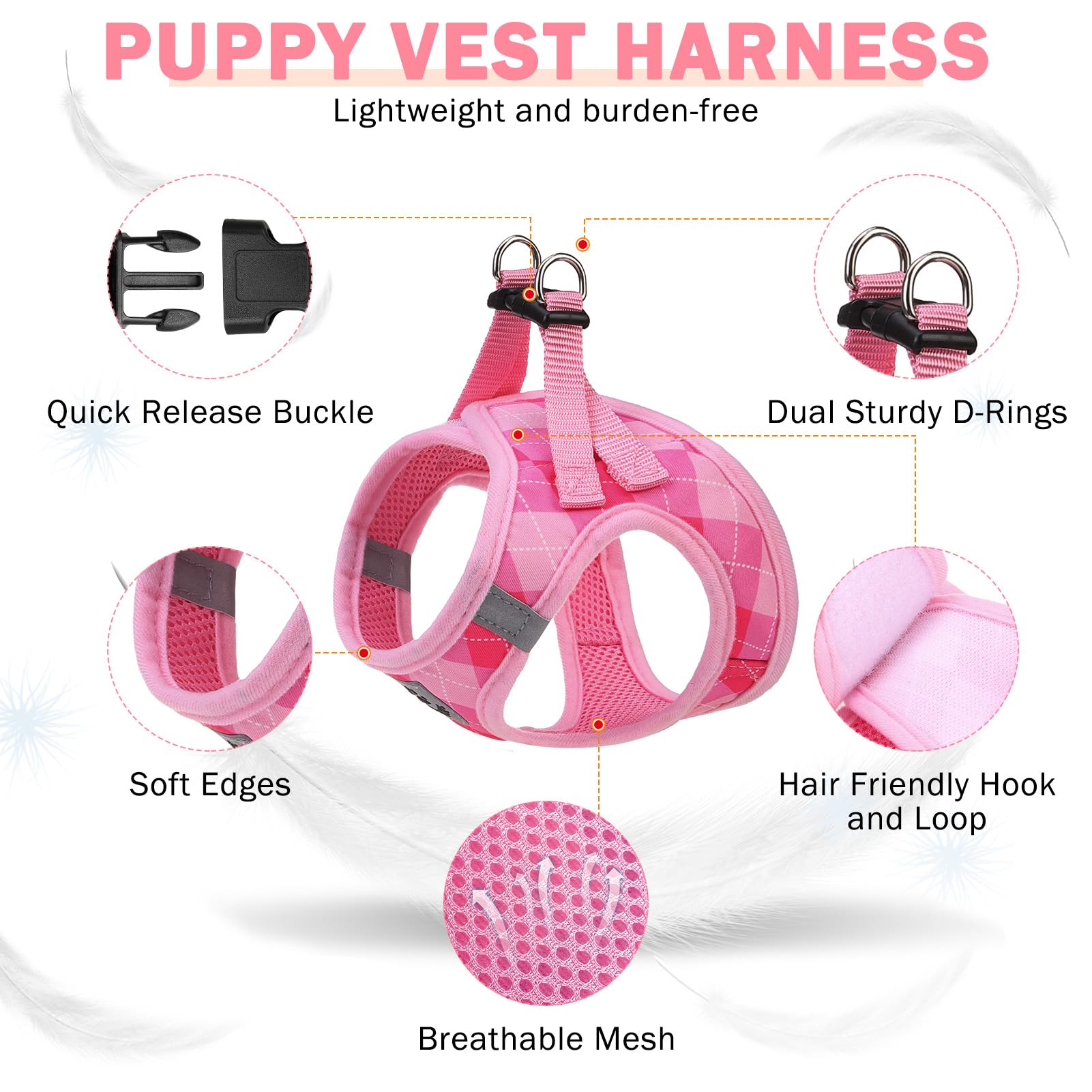 SCENEREAL no-pull harness detail showing padded, neck-friendly comfort.