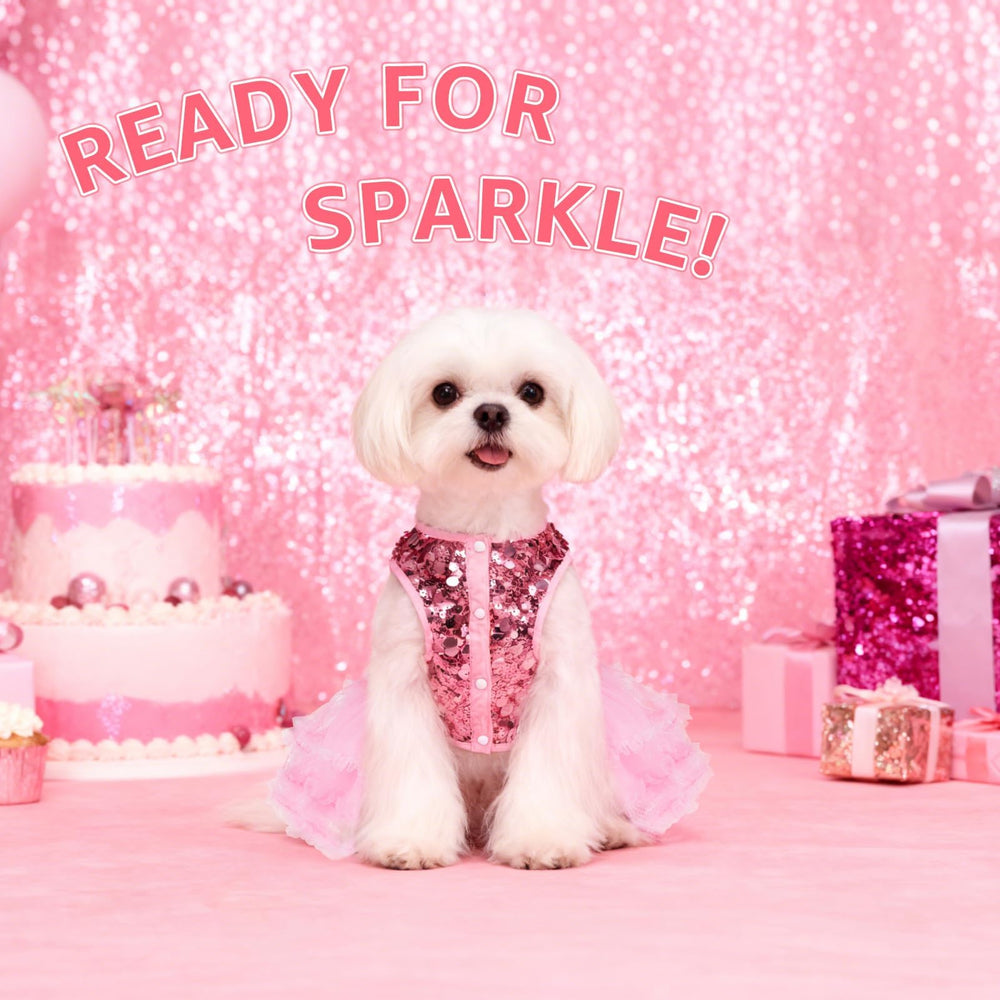 SCENEREAL pink dog dress size guide with XS to M options