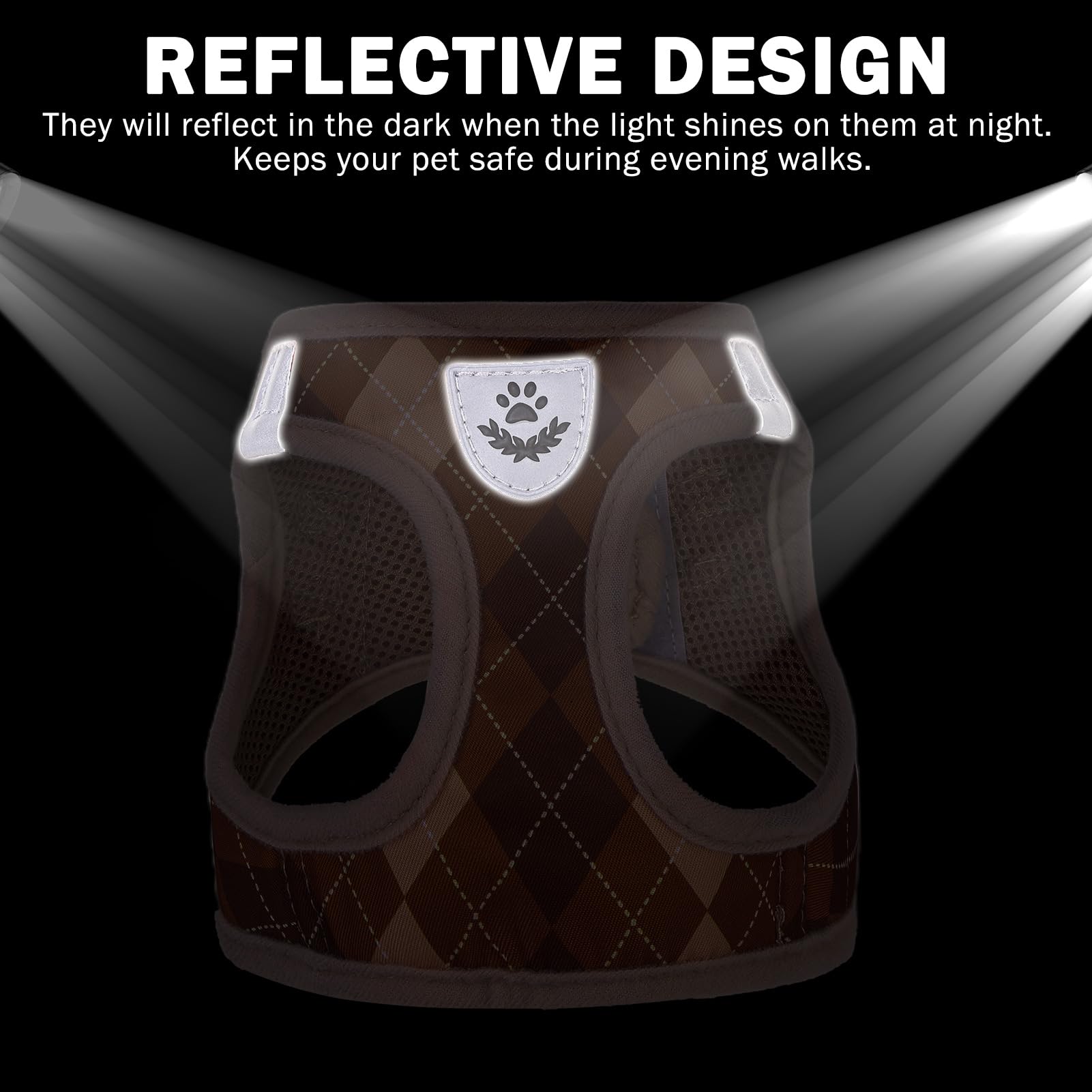 SCENEREAL reflective harness in brown plaid enhances night-time visibility