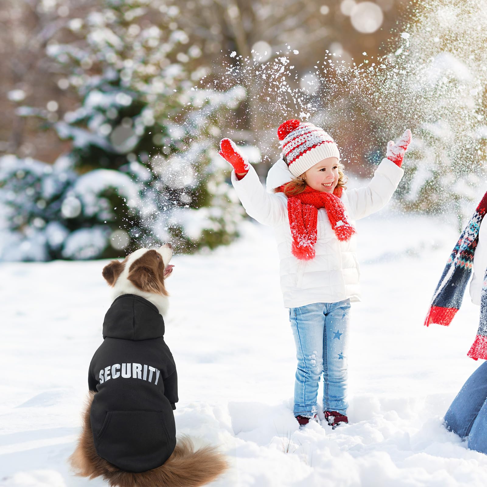 SCENEREAL Security dog hoodie worn for winter wear and outdoor activities.