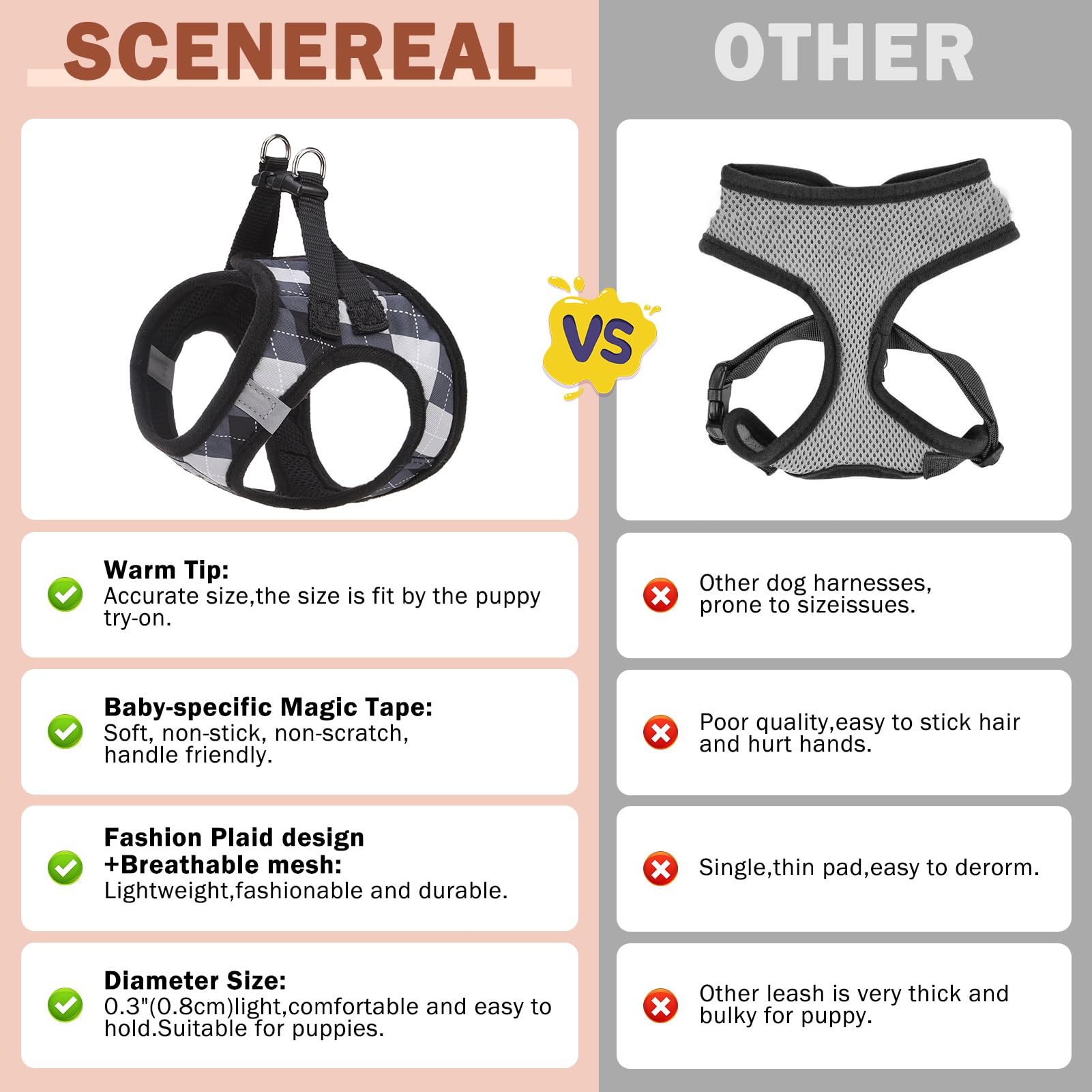 SCENEREAL size guide with XS-S-M harness measurements for accurate fit.