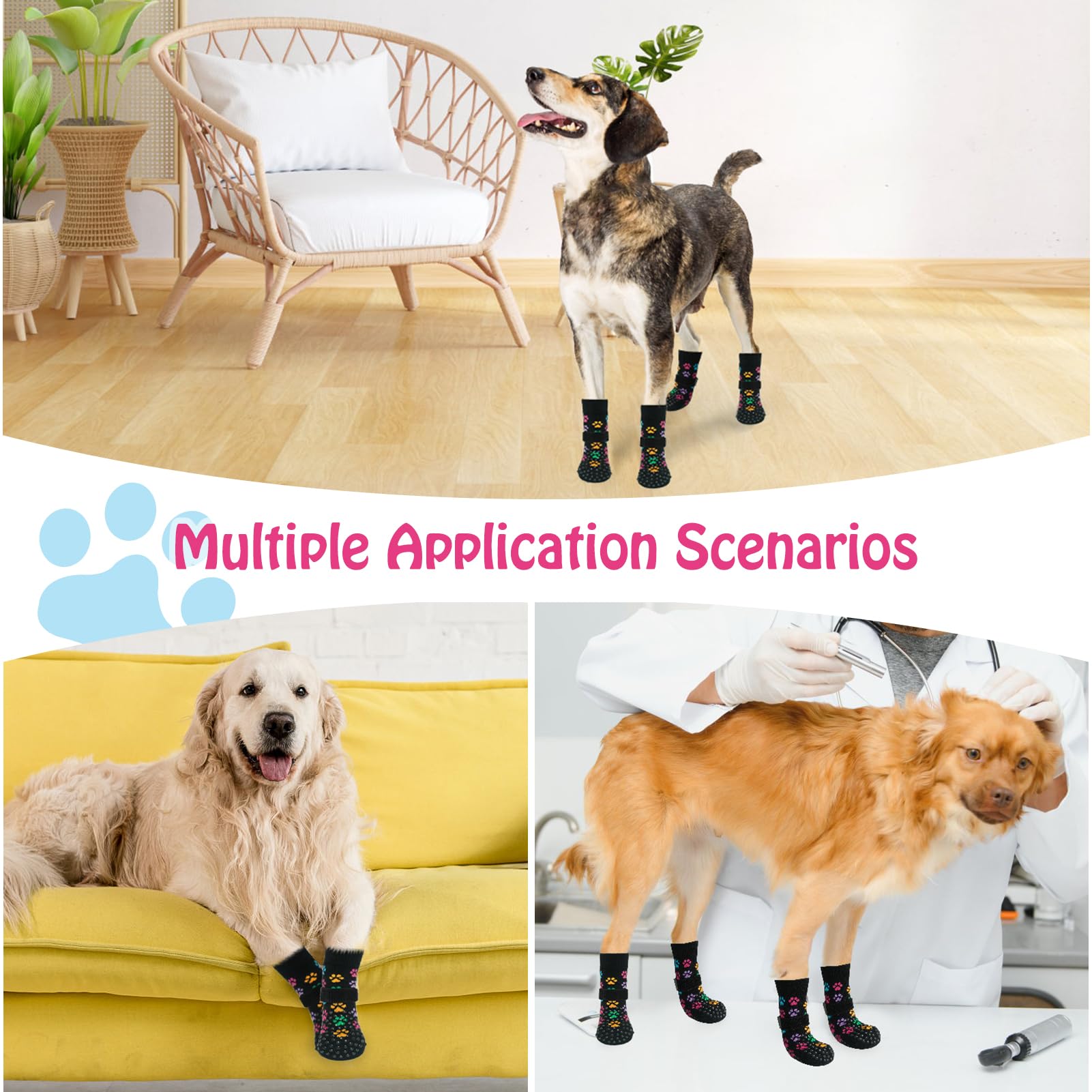 SCENEREAL sizing guide shown beside paw width and sock length.