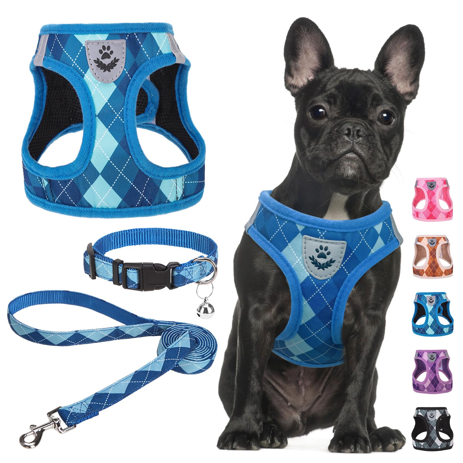 SCENEREAL small dog harness blue plaid front view showing breathable mesh for all-day comfort