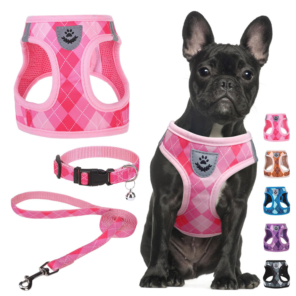 SCENEREAL small dog harness pink plaid front view for safer, comfy daily walks
