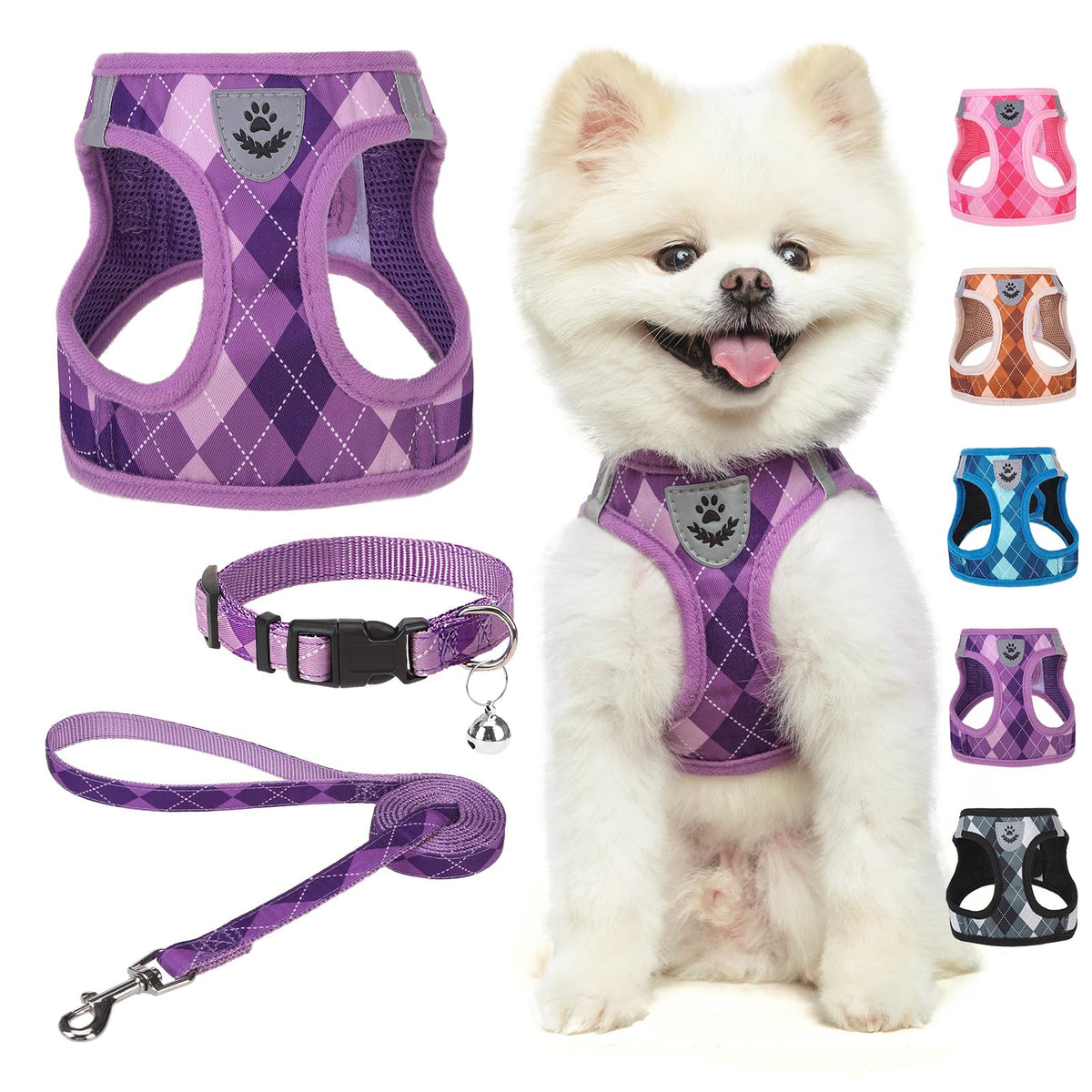 SCENEREAL small dog harness purple plaid front view for secure daily walks.