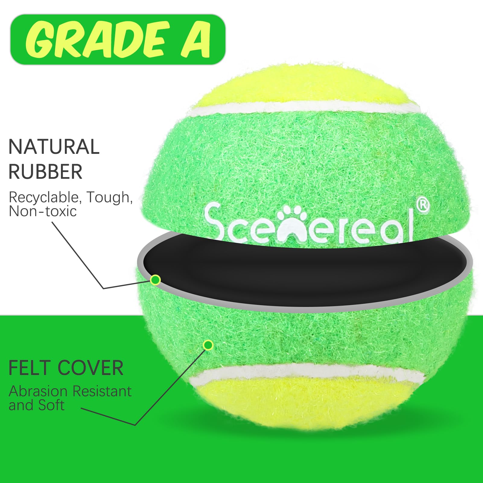 SCENEREAL squeaky tennis ball uses durable rubber for long-lasting play