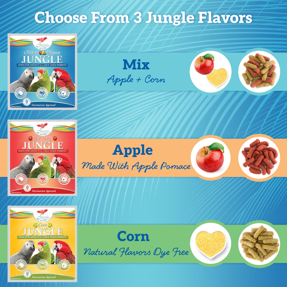 Scenic Corn Jungle cockatoo pellets provide omega-3 and minerals for heart and feather health.