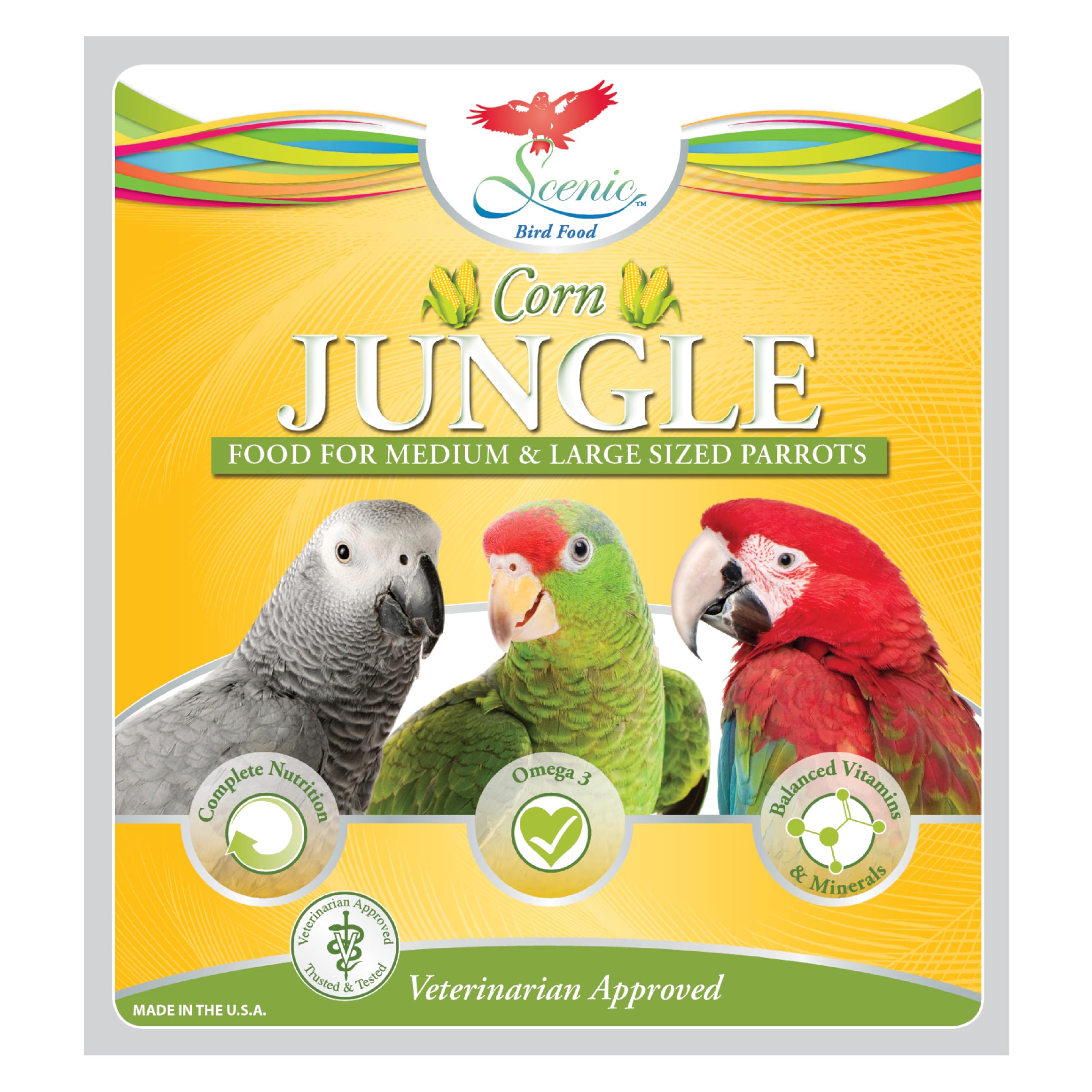 Scenic Corn Jungle large parrot pellets promote feather condition and energy for macaws.
