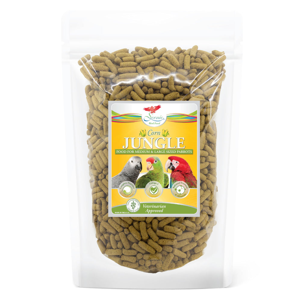 Scenic Corn Jungle parrot food packaging—high-protein formula for large birds with low iron.