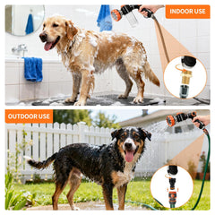SCHITEC dog wash hose attachment showing eight spray patterns for versatile cleaning.