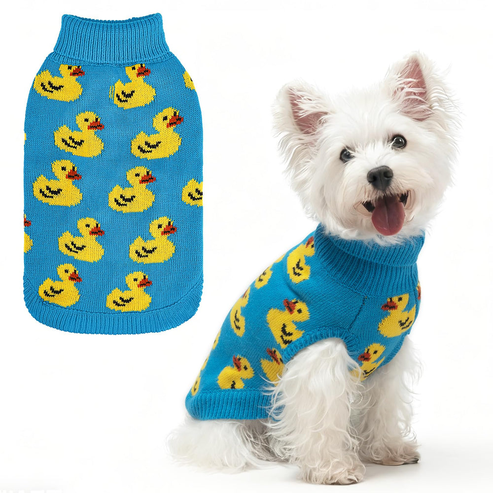 SCIROKKO dog sweater with blue knit and yellow ducks keeps small dogs warm during outdoor outings.