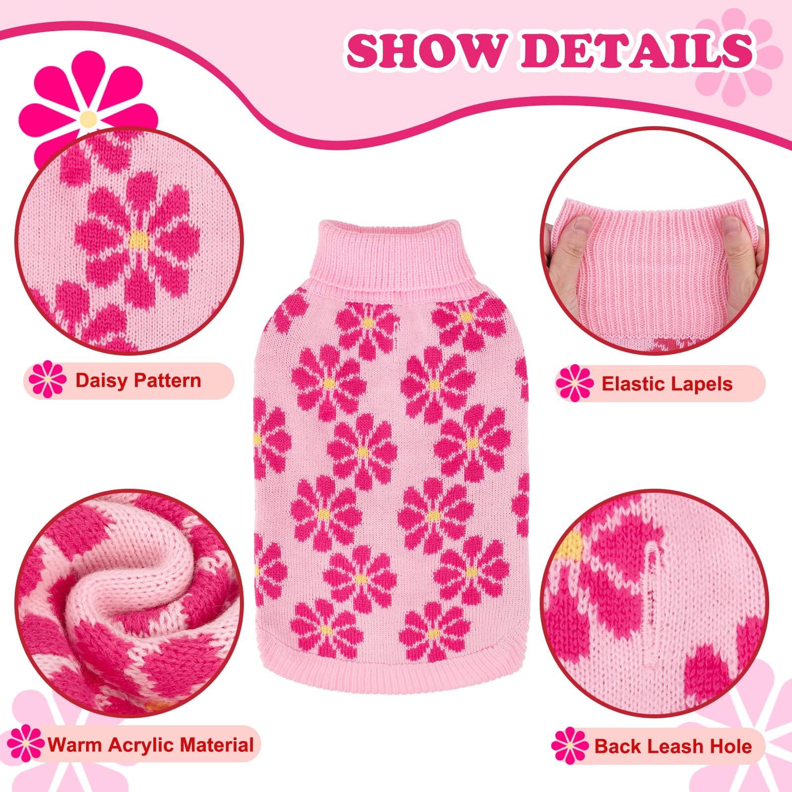 SCIROKKO dog sweater daisies pink side view for chilly walks