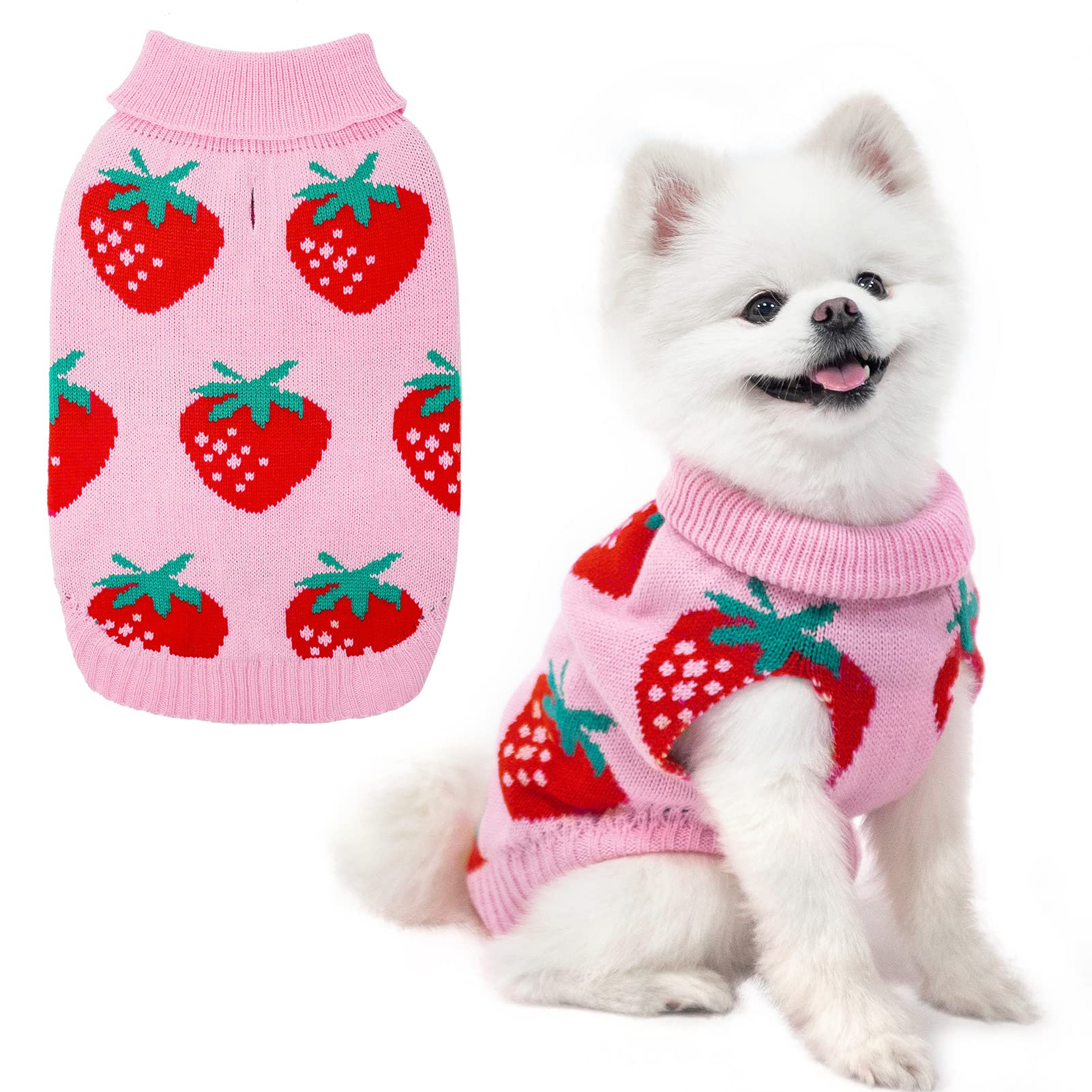 SCIROKKO dog sweater pink strawberry front view keeps small dogs warm during walks