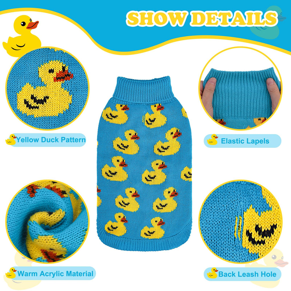 SCIROKKO dog sweater yellow-duck-pattern on blue knit for adorable warmth on walks.