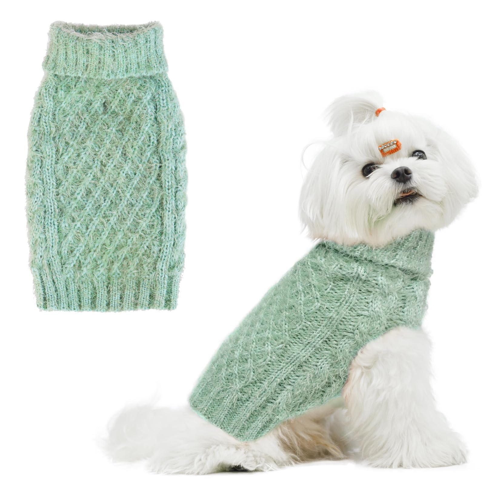 SCIROKKO Turtleneck dog sweater green front view shows warm knit for chilly walks