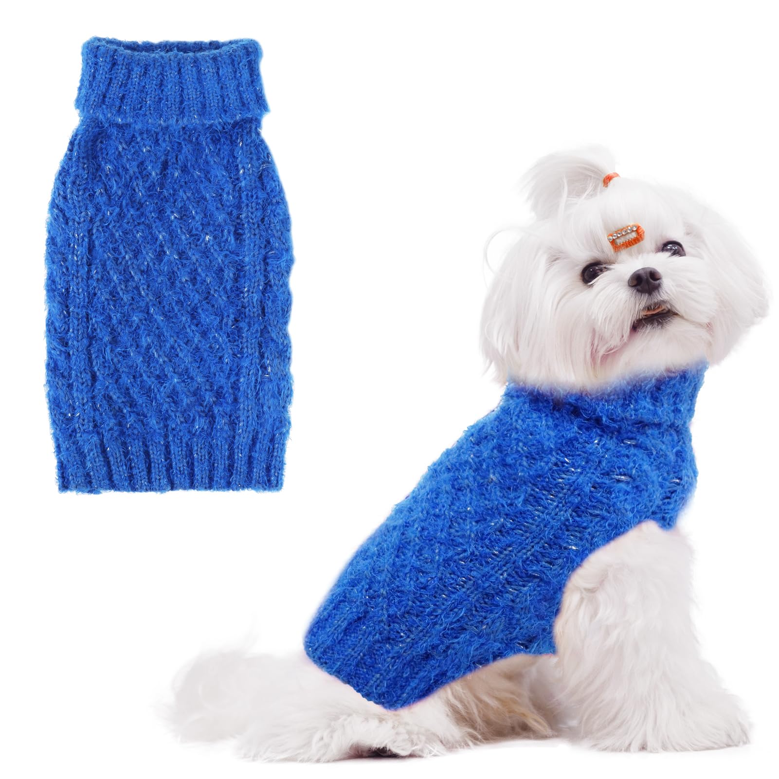 SCIROKKO turtleneck dog sweater blue back view shows cozy winter coverage.