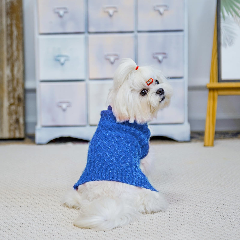 SCIROKKO turtleneck dog sweater blue stretchy collar allows easy on/off.