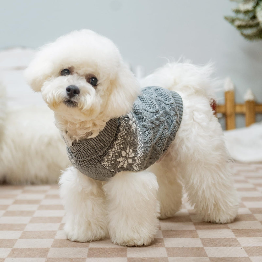 SCIROKKO warm winter dog sweater grey back view showing secure lapel collar