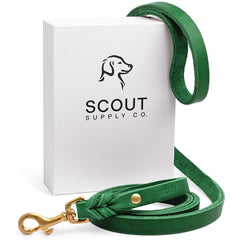 Scout Supply Co. Classic Leather Leash closeup shows brass hardware for rust-proof durability on walks.