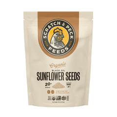 Scratch and Peck Black Oil Sunflower Seeds bag front highlighting 15% protein for poultry health.