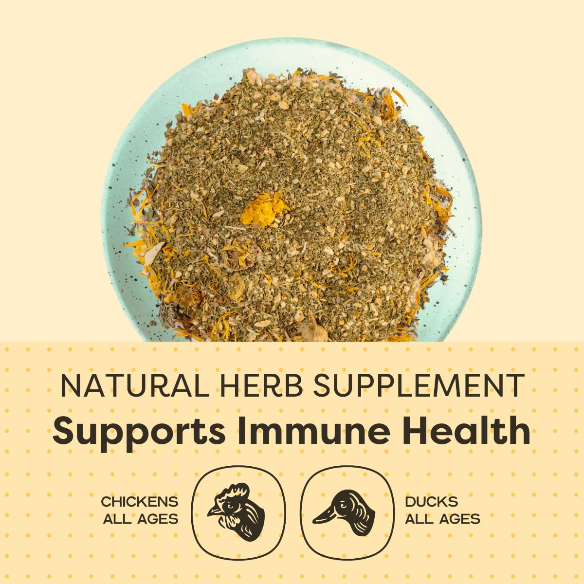 Scratch and Peck Dried Herbs Supplement calendula for richer egg yolk color.