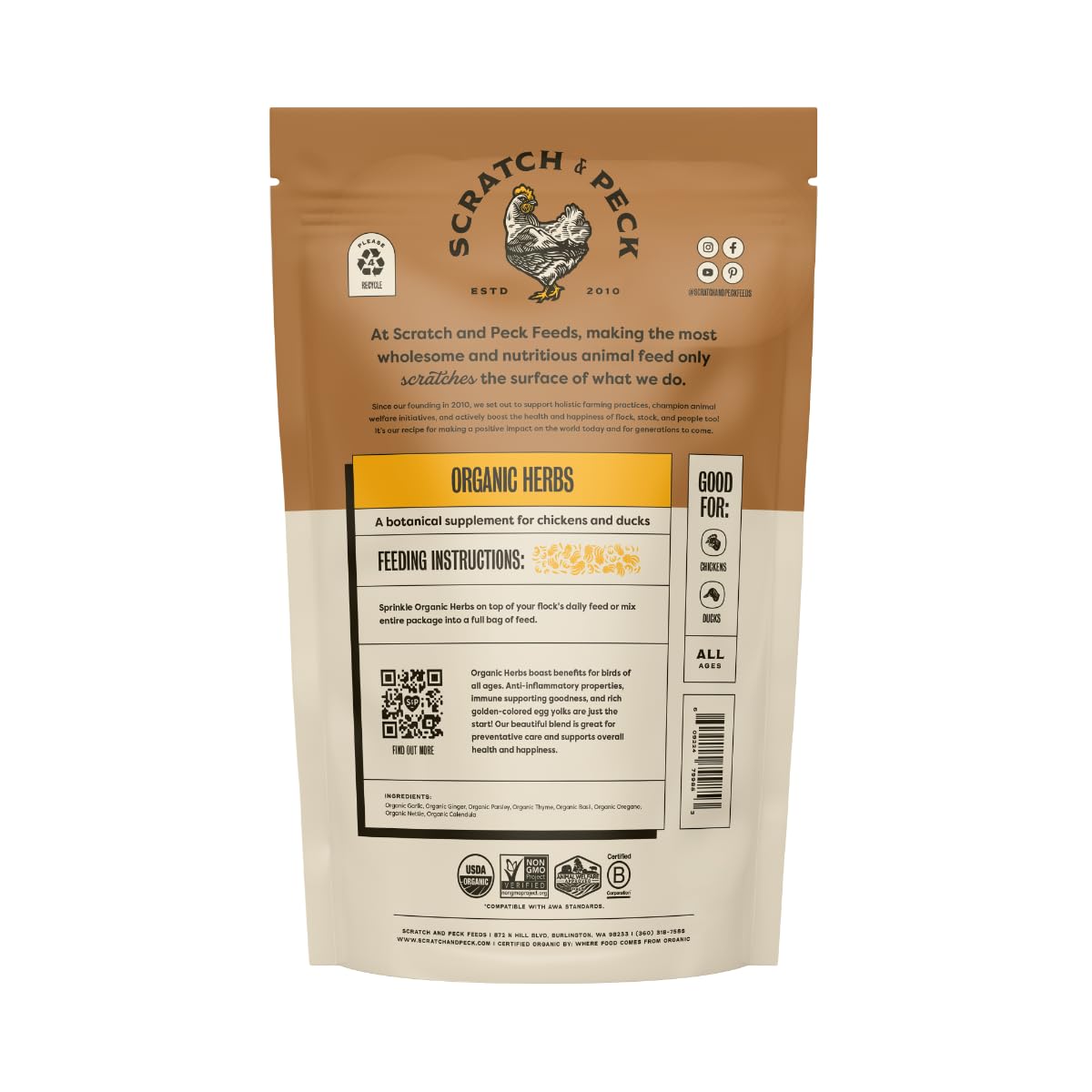 Scratch and Peck Dried Herbs Supplement immune support for birds enhances resilience.