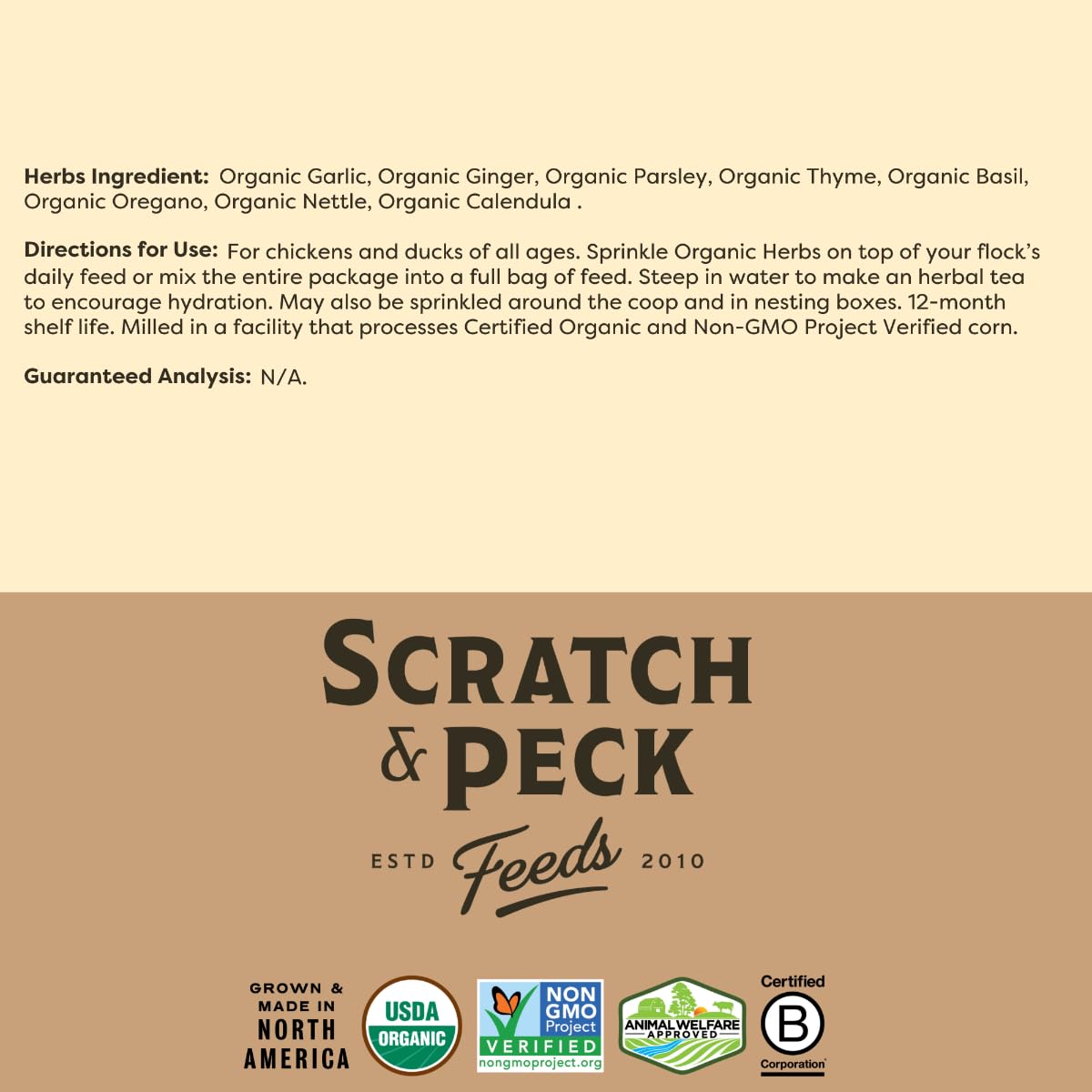Scratch and Peck Dried Herbs Supplement eco-friendly packaging for sustainable farming.