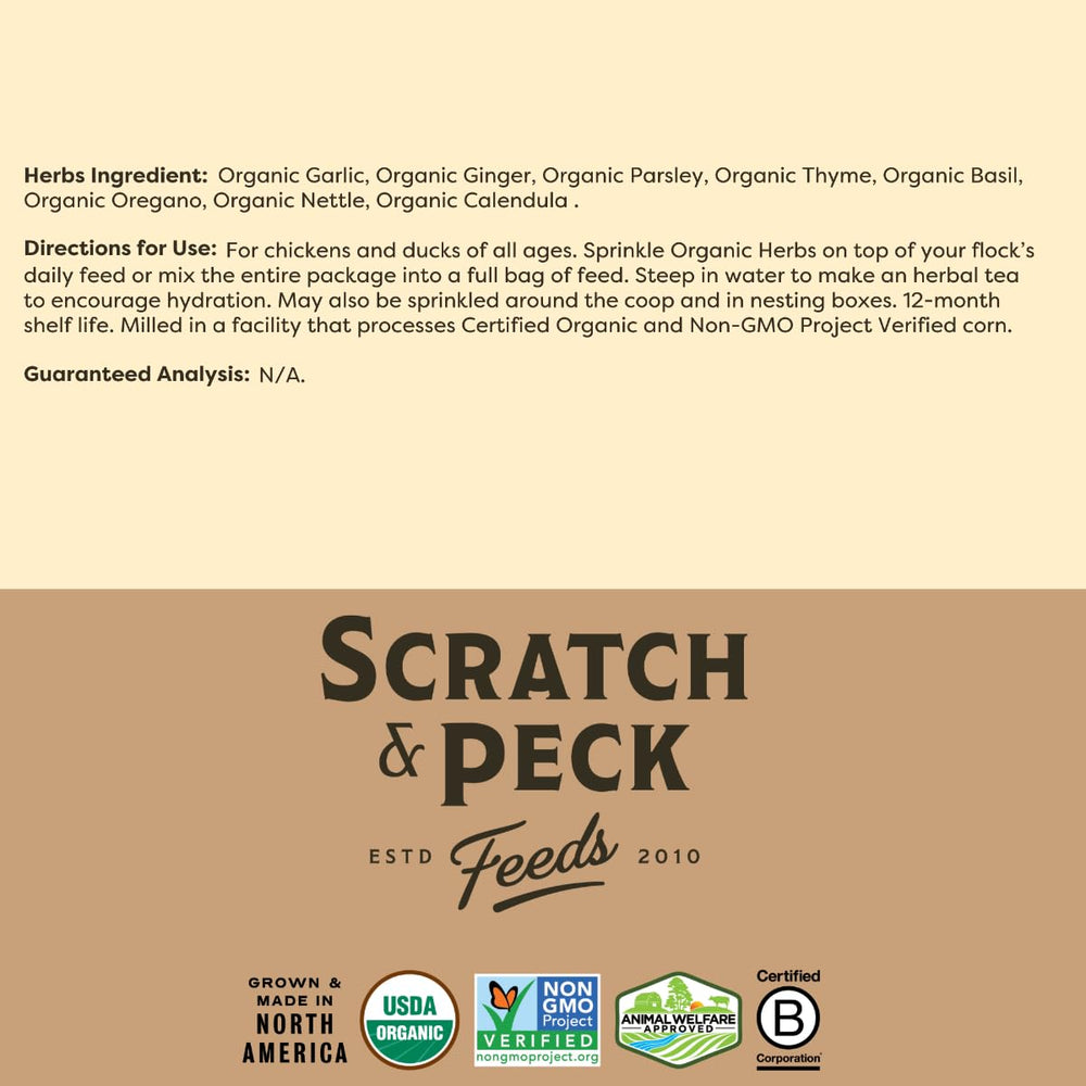 Scratch and Peck Dried Herbs Supplement eco-friendly packaging for sustainable farming.