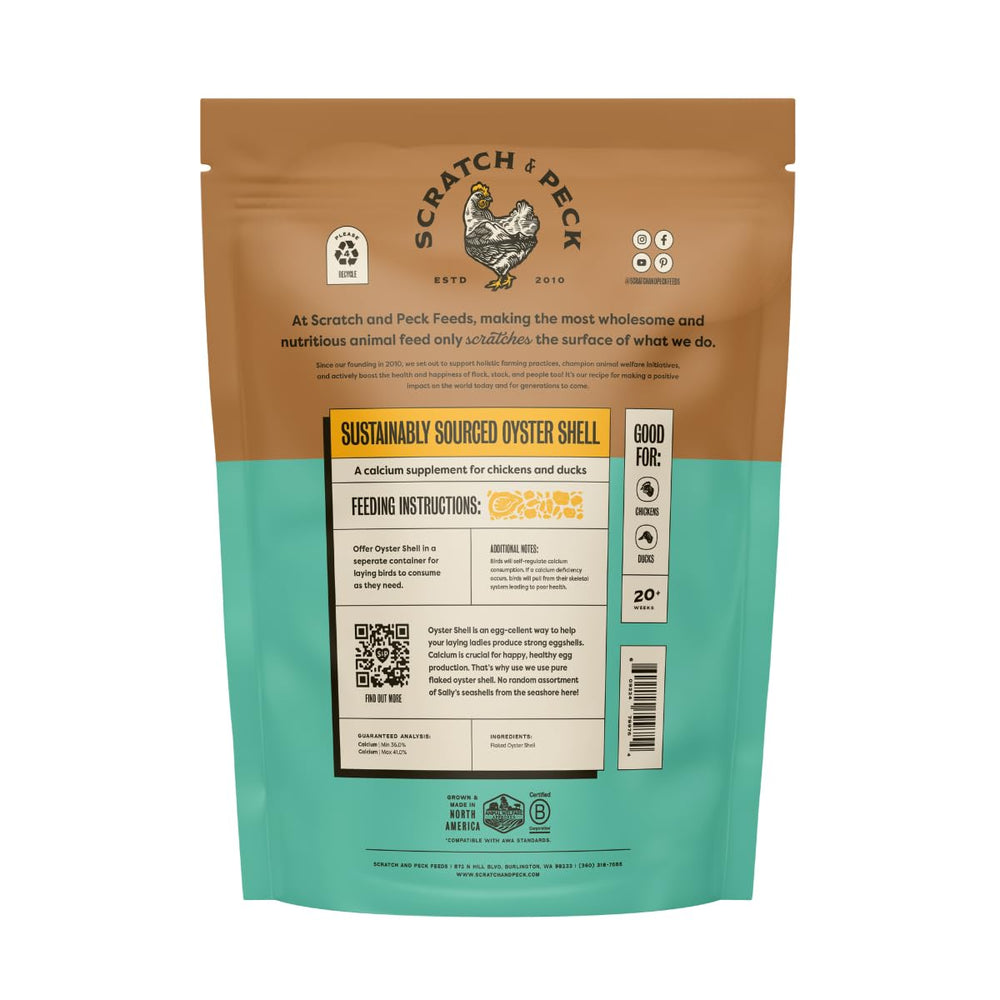 Scratch and Peck oyster shell supplement bag back label highlights ingredients and sourcing.