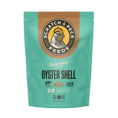 Scratch and Peck oyster shell supplement bag front shows natural calcium boost for eggshells.