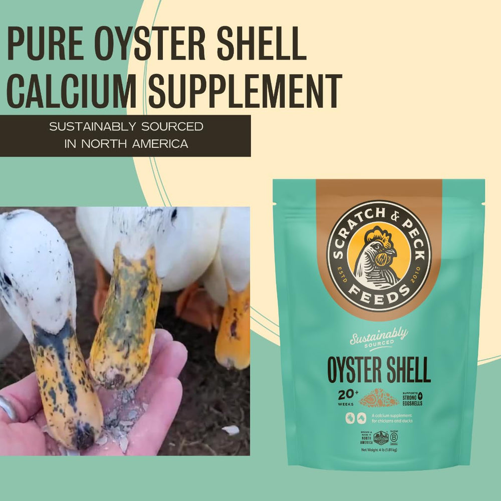 Scratch and Peck oyster shell supplement closeup flakes emphasizes pure, allergen-free calcium.