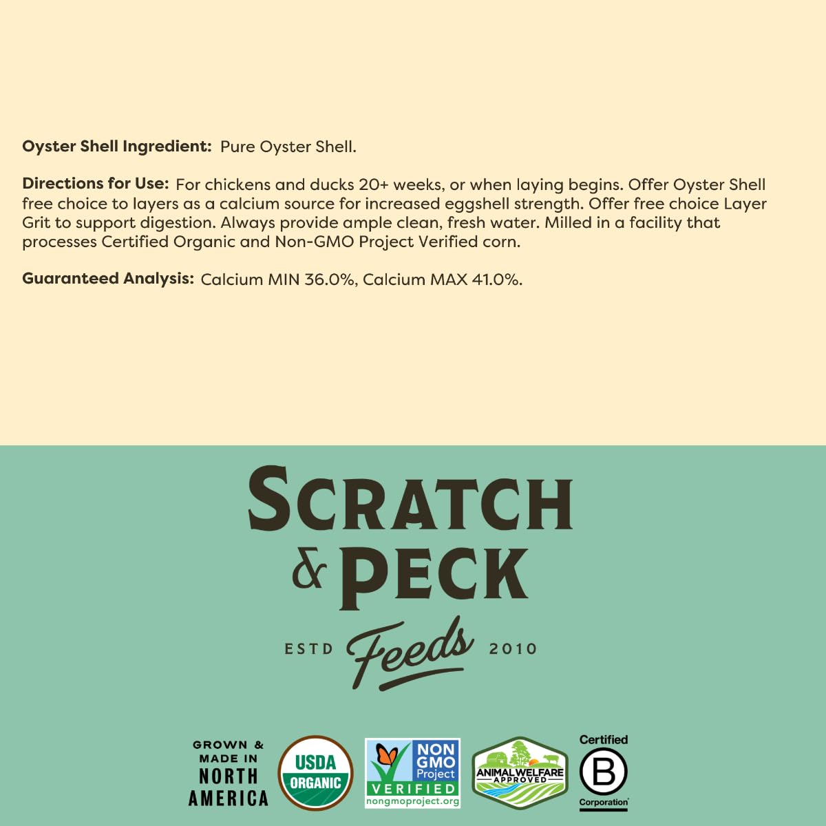 Scratch and Peck oyster shell supplement packaging recycling highlights eco-friendly packaging.