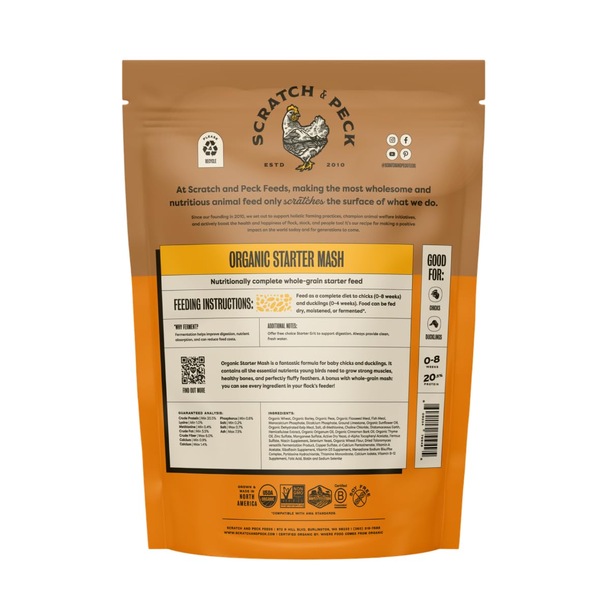 Scratch and Peck Starter Mash bowl presents clean, organic feed promoting steady feather development.