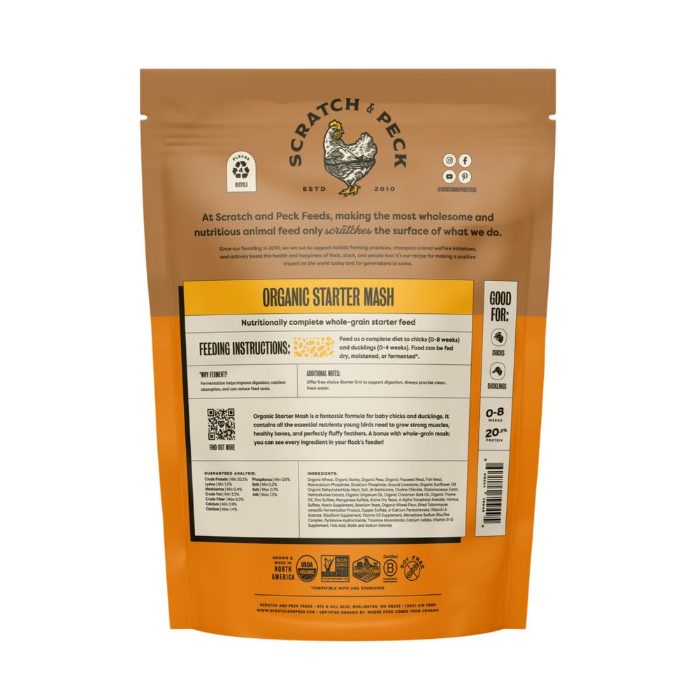 Scratch and Peck Starter Mash bowl presents clean, organic feed promoting steady feather development.