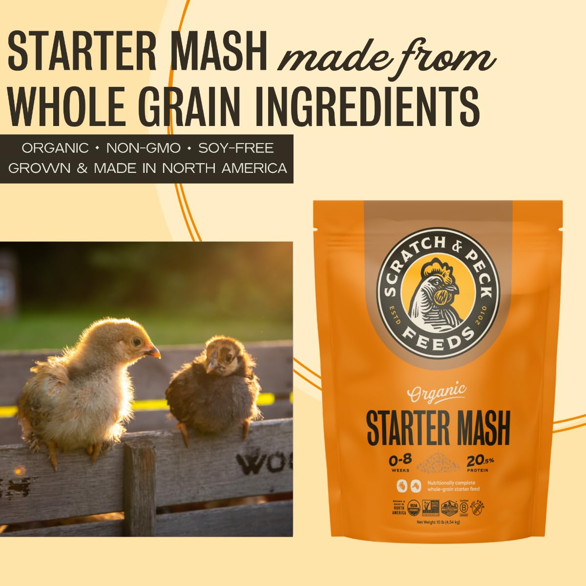 Scratch and Peck Starter Mash ducklings-feeder highlights high-protein nutrition for early growth.