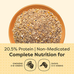 Scratch and Peck Starter Mash organic-packaging emphasizes eco-friendly packaging and waste reduction.