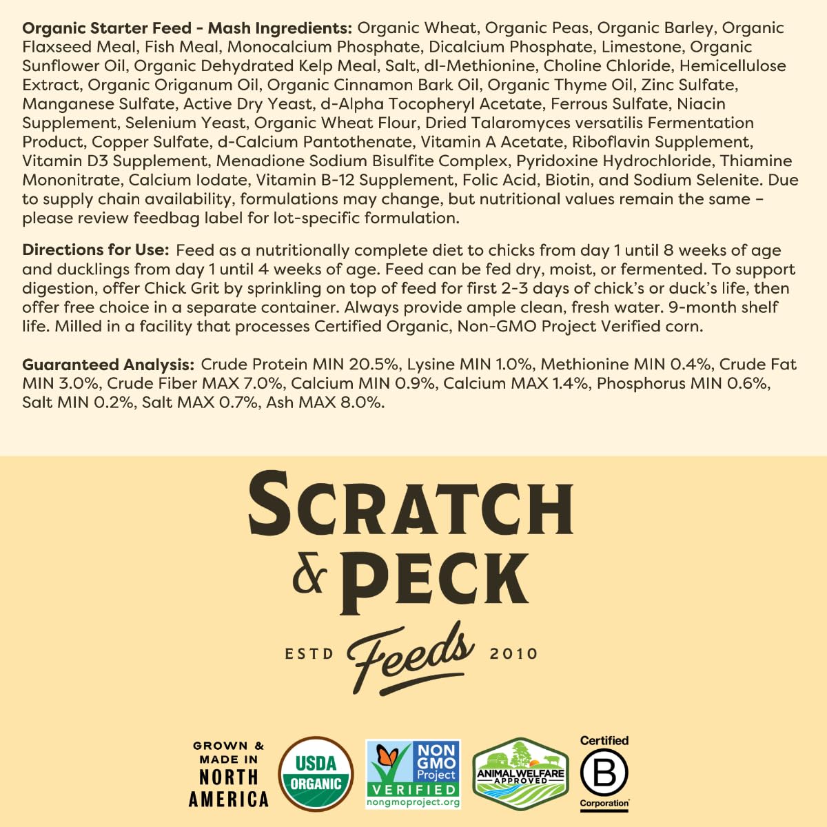 Scratch and Peck Starter Mash pacific-northwest-origin highlights USA-Canada sourcing supporting local farms.