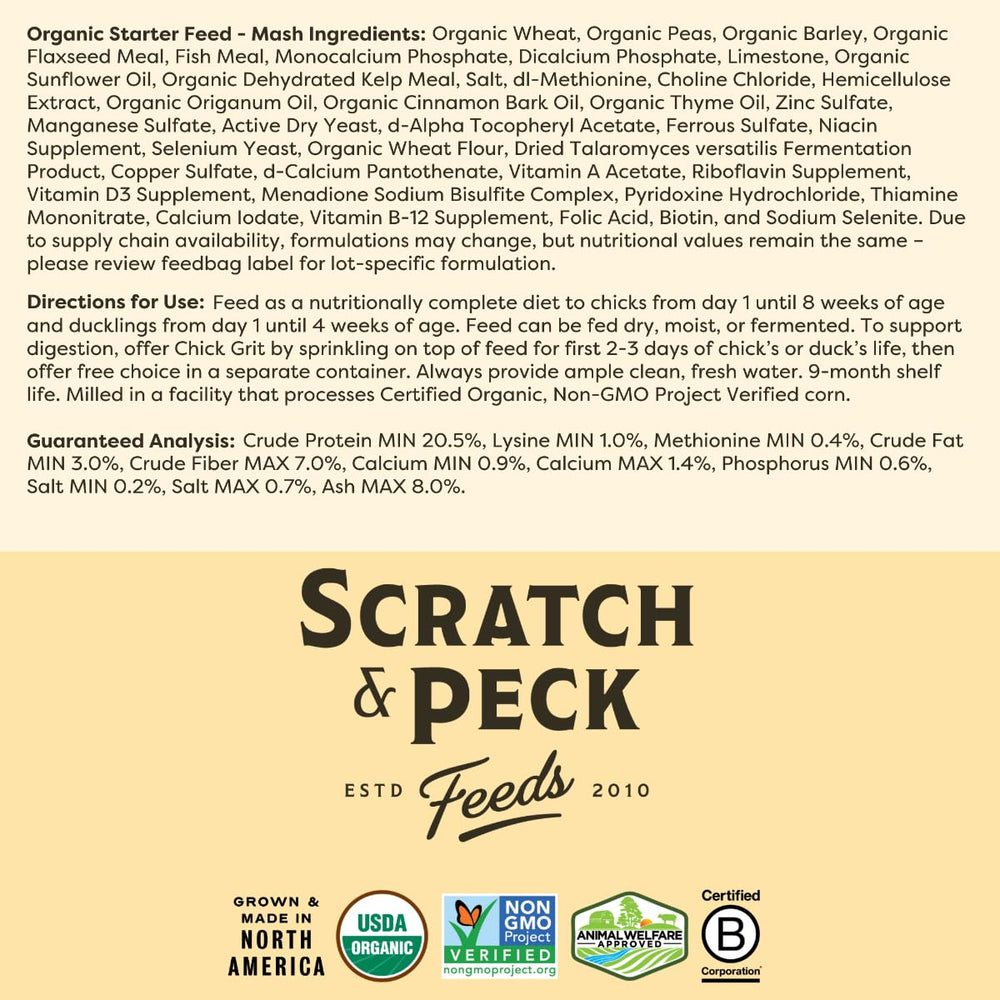 Scratch and Peck Starter Mash pacific-northwest-origin highlights USA-Canada sourcing supporting local farms.