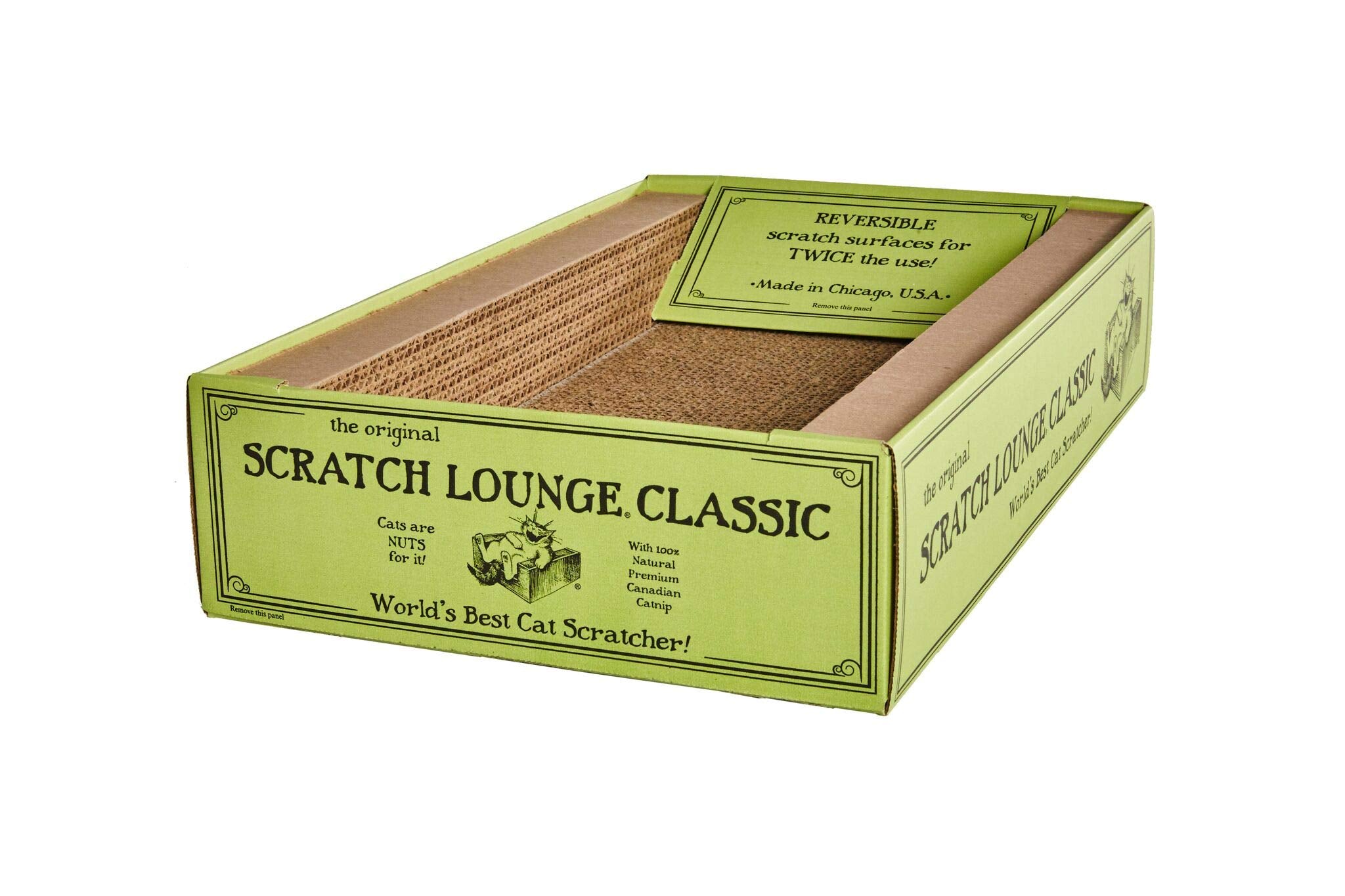 Scratch Lounge XL catnip-in-pack illustrating added appeal for cats.