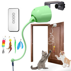 Scsuupoee interactive door-hanging cat toy in green promotes active play and curiosity.