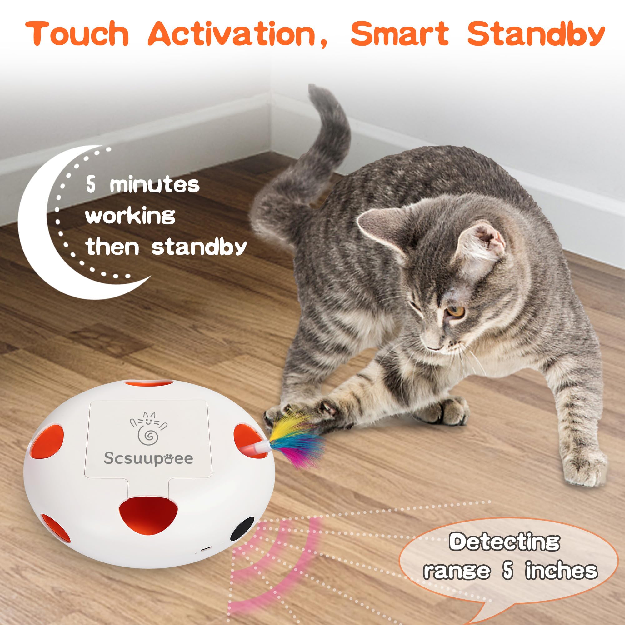 Scsuupoee interactive cat toy with one-button start for easy operation.